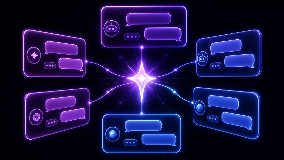 Six neon chat panels in purple and blue, each with an AI assistant avatar, all wired into a bright starburst at the centre