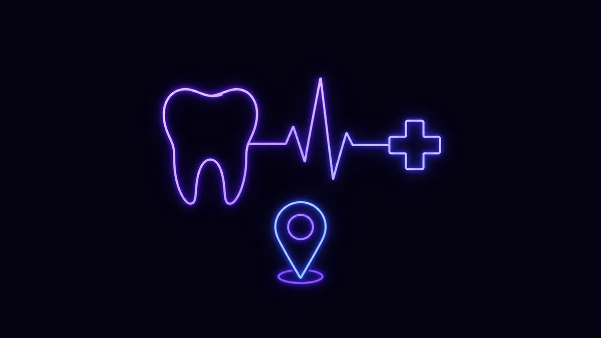 Purple neon tooth outline beside a heartbeat pulse line that resolves into a medical cross, with a glowing blue map pin below