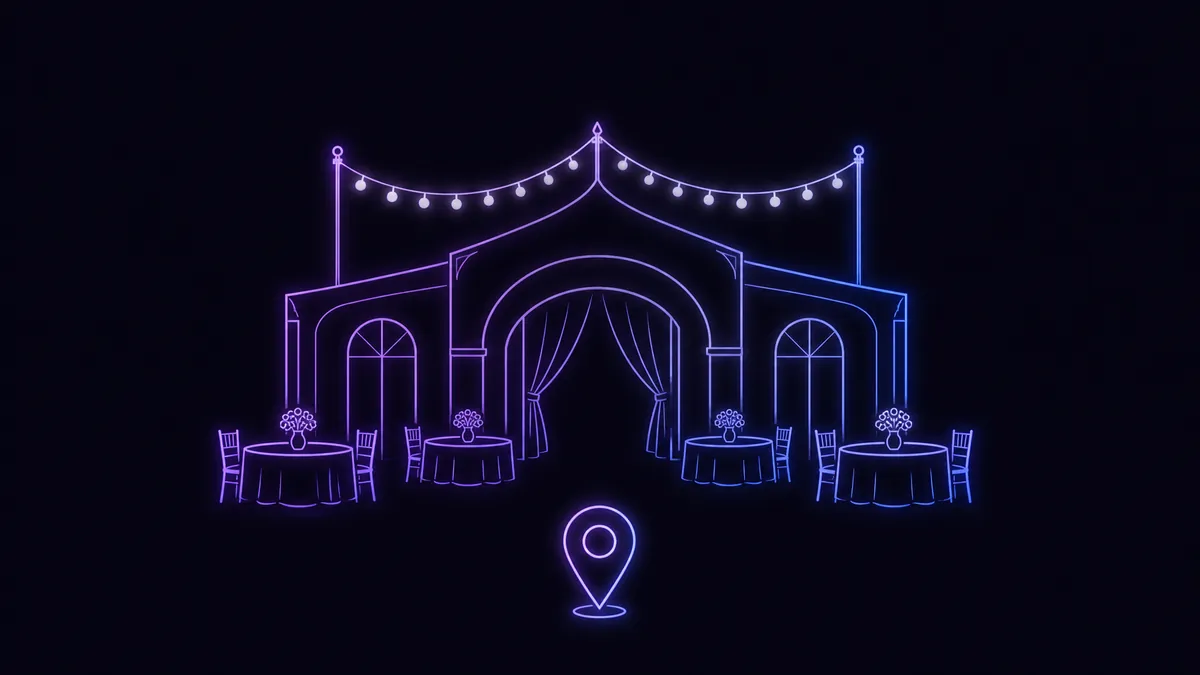 Purple and blue neon arched venue façade with a string of glowing bulbs above it, outlined banquet tables in front and a map pin below