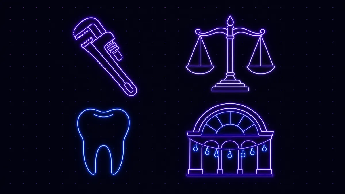 Four neon line-art industry symbols — a pipe wrench, a scale of justice, a tooth and an arched venue façade with string lights