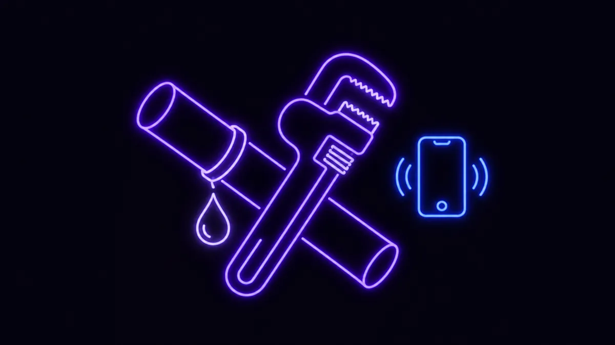 Purple neon pipe wrench crossed with a length of pipe, a water droplet falling from the joint, and a ringing mobile phone beside them