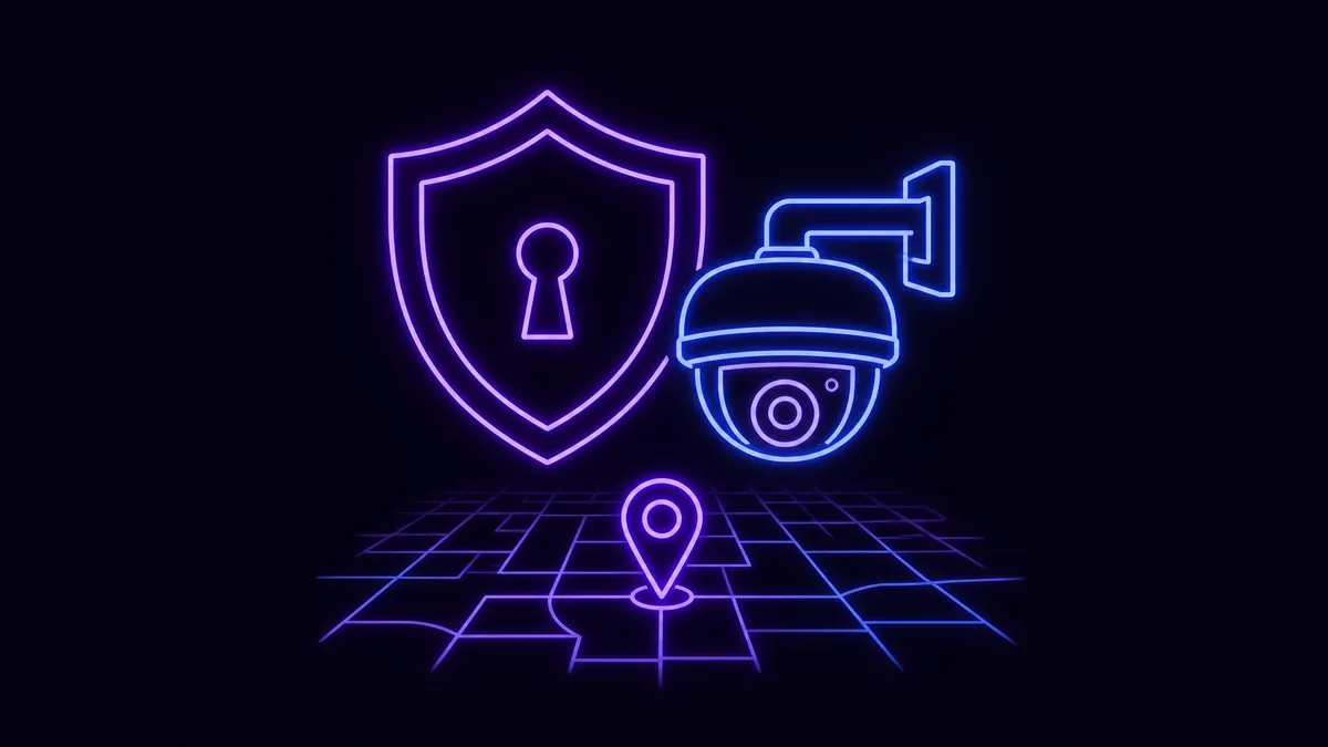 Purple neon shield with a keyhole beside a blue neon CCTV dome camera on a bracket, above a faint street grid with a glowing map pin