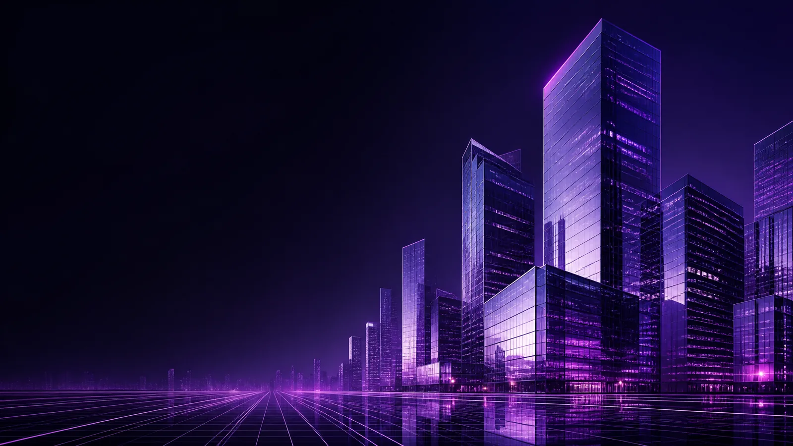 Dark violet neon silhouette of glassy corporate tech towers with a perspective grid, Centurion