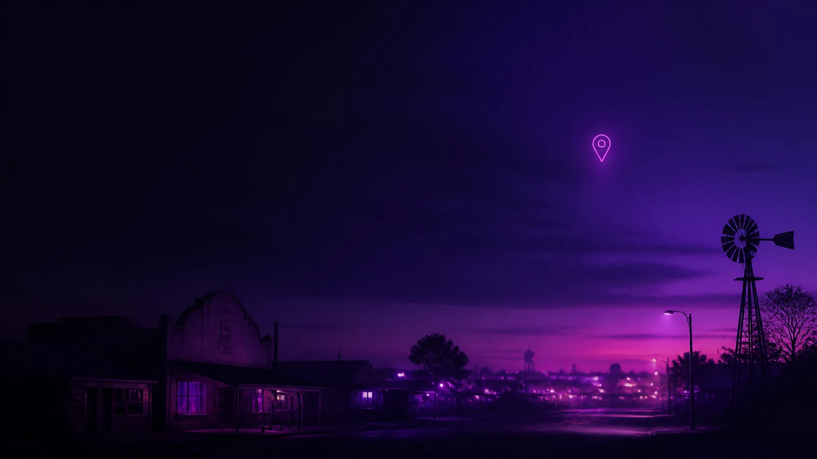 Dark violet neon silhouette of a small Highveld town under a wide dusk sky with a glowing map pin, Meyerton