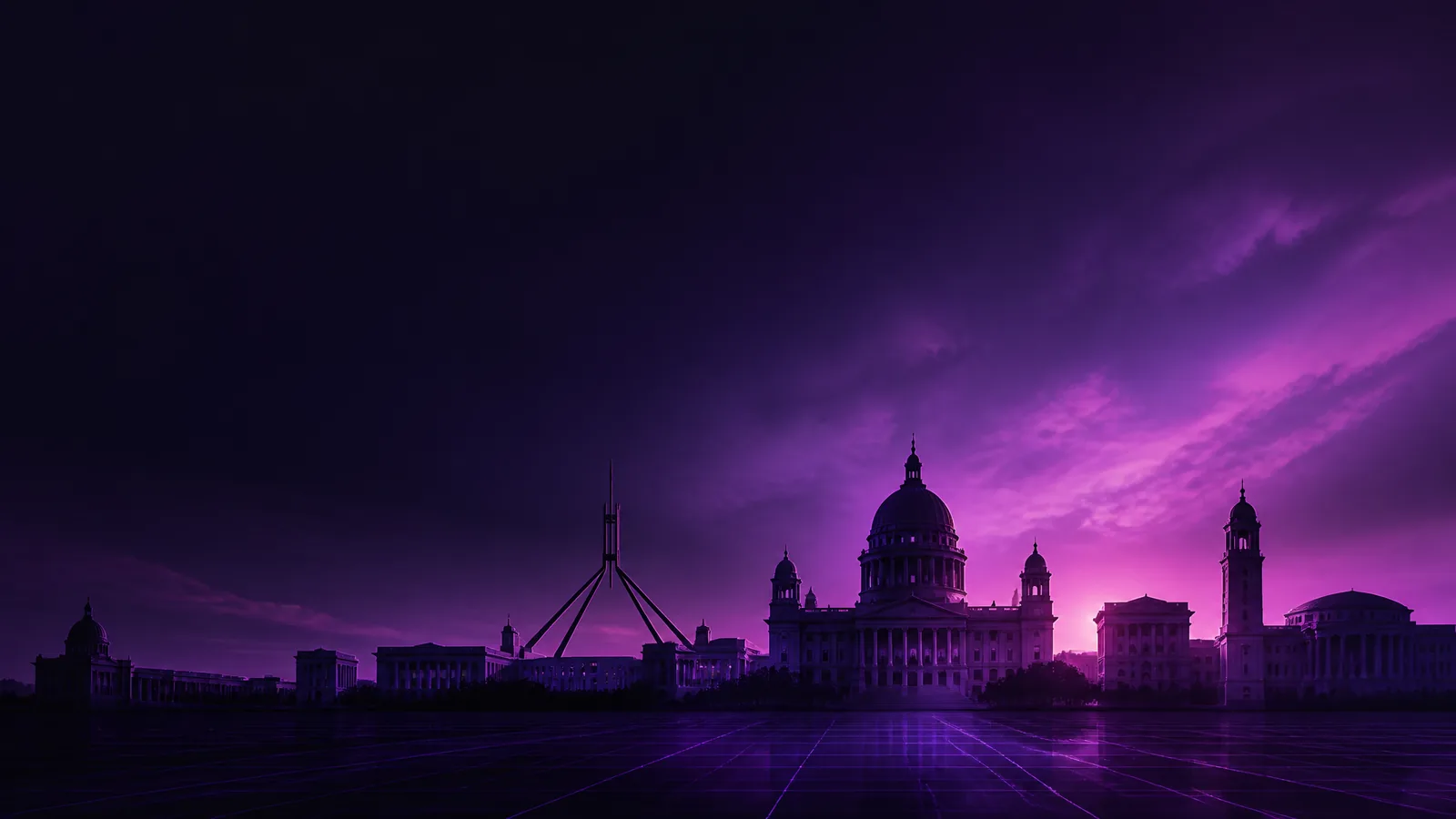 Dark violet neon silhouette of a stately capital-city skyline with a jacaranda-purple glow, Pretoria