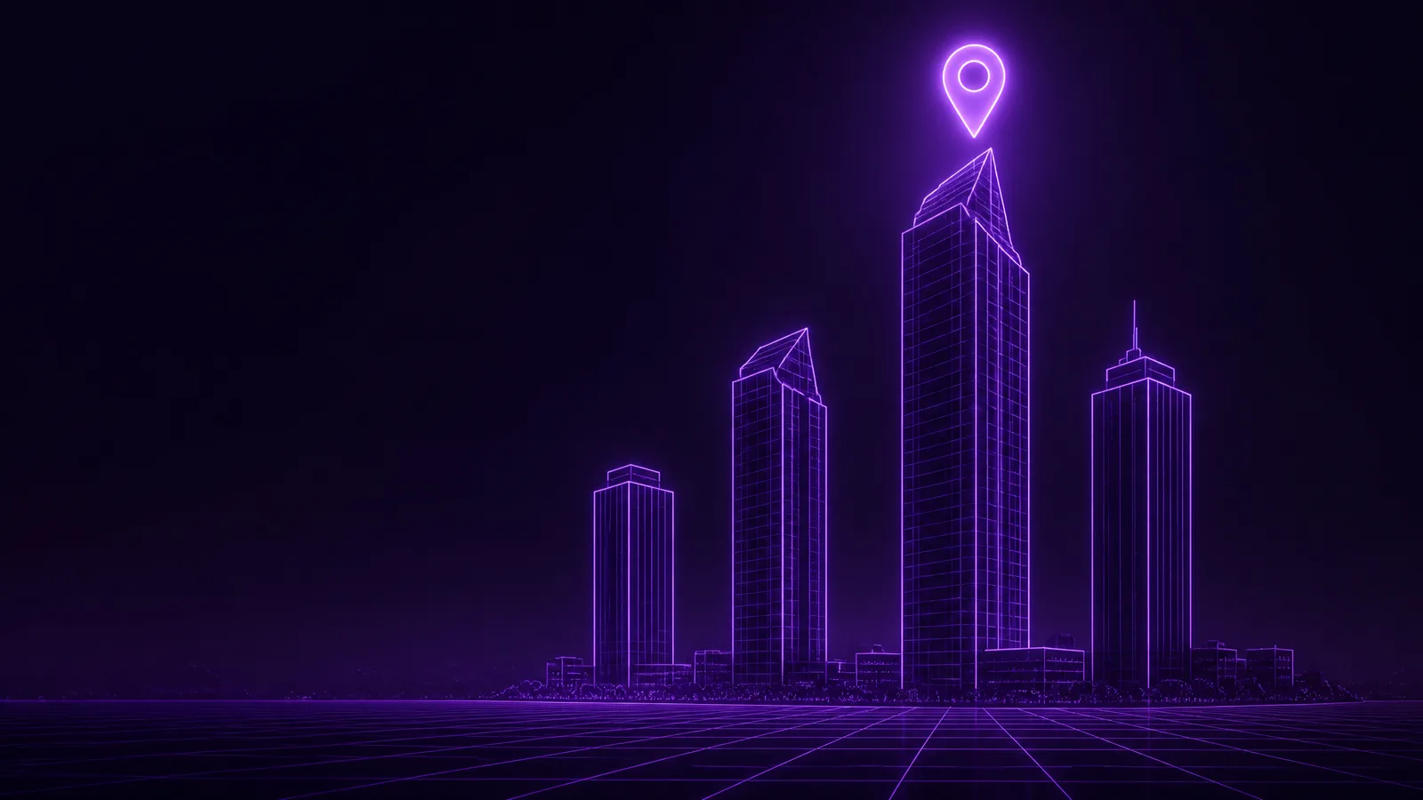 Dark violet neon silhouette of the Sandton corporate skyline — four glowing office towers with a map pin above the tallest
