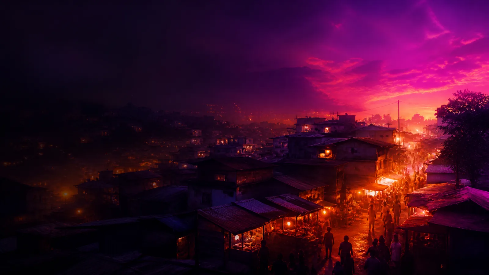 Dark violet neon silhouette of dense township rooftops and market stalls at dusk, Sebokeng