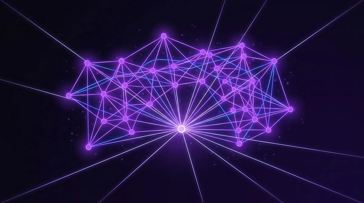 Dense purple mesh of connected nodes with one bright anchor point radiating beams of light outward