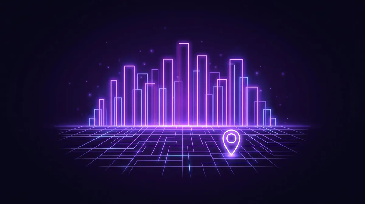 Purple neon city skyline rising from a perspective grid with a map pin in the foreground