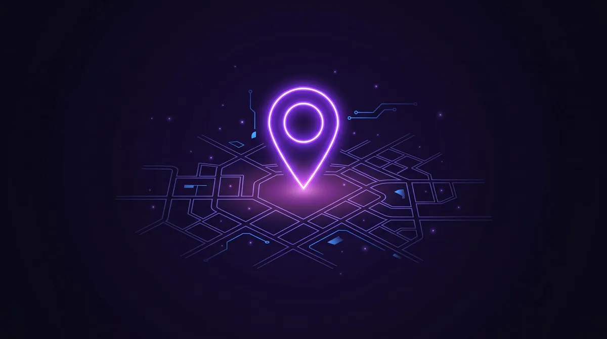 Single large purple neon map pin glowing above an angular street grid