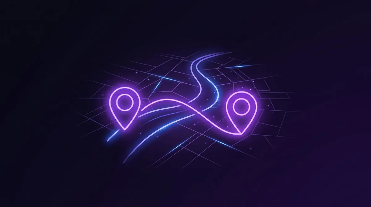 Two purple neon map pins linked by a curving river-like line across a faint street grid