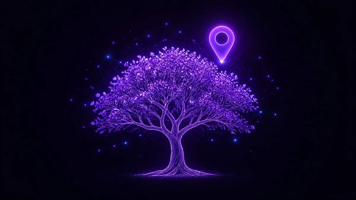 Purple neon jacaranda tree in full bloom with a glowing map pin floating above its canopy