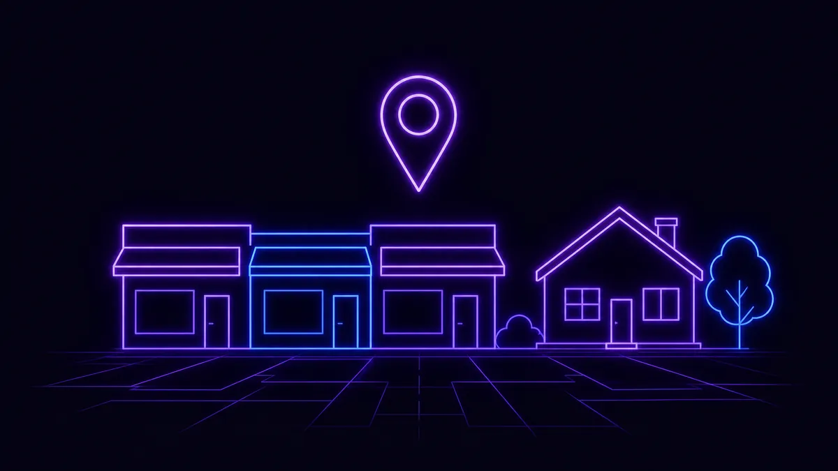 Row of low-rise purple neon shopfronts with awnings beside a house with a pitched roof and a tree, a glowing map pin above and a street grid below