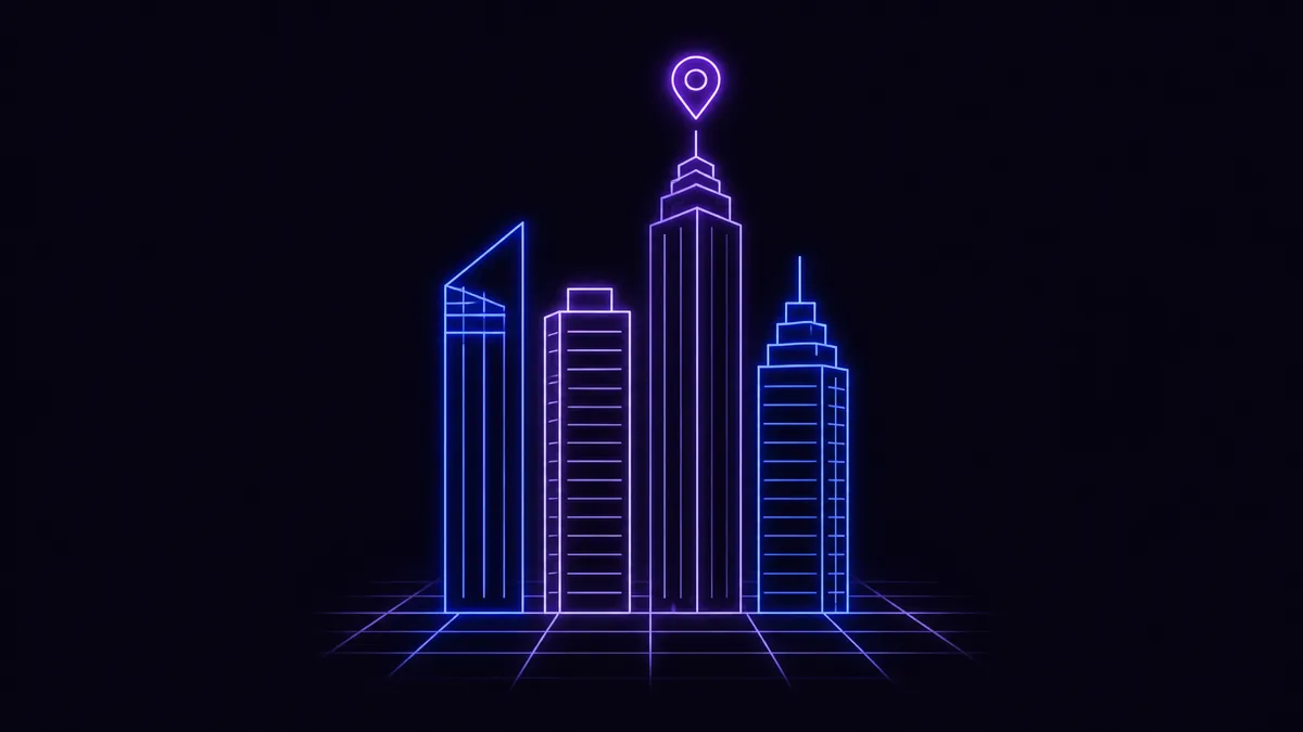 Four tall slender purple neon office towers with a glowing map pin above the tallest and a perspective grid at their base