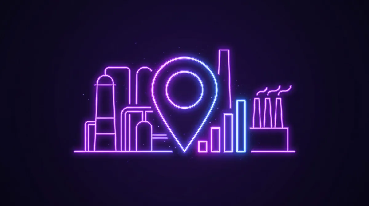 Purple neon outline of industrial tanks and chimneys behind a large map pin and a small bar chart