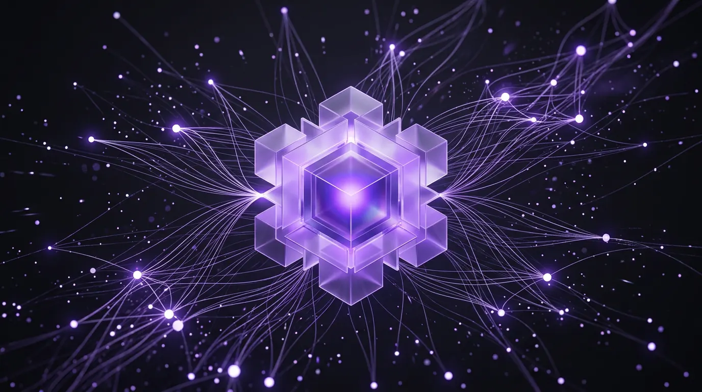 A glowing violet knowledge structure in the dark radiating thin light-threads out to smaller points, representing expert content being distributed across social channels