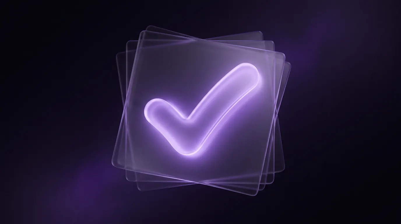 An abstract glowing violet shield rendered in frosted glass with layered translucent panels behind it, representing inspection, roadworthiness and trust in a high-value business asset