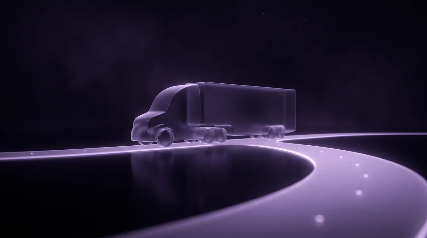 An abstract commercial truck silhouette rendered in dark violet frosted glass on a near-black background, with a soft glowing violet road curving toward it, representing serious buyers finding the right vehicle through search