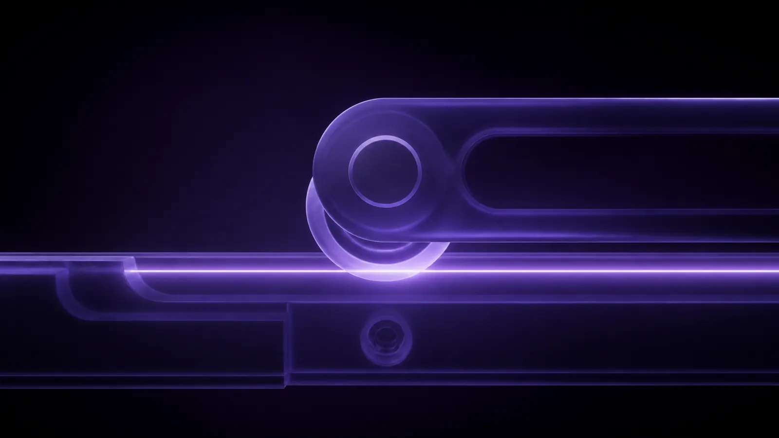 An abstract smooth sliding mechanism rendered in dark violet frosted glass — a clean glowing violet horizontal track with a rolling element gliding along it, representing reliable, well-engineered daily performance