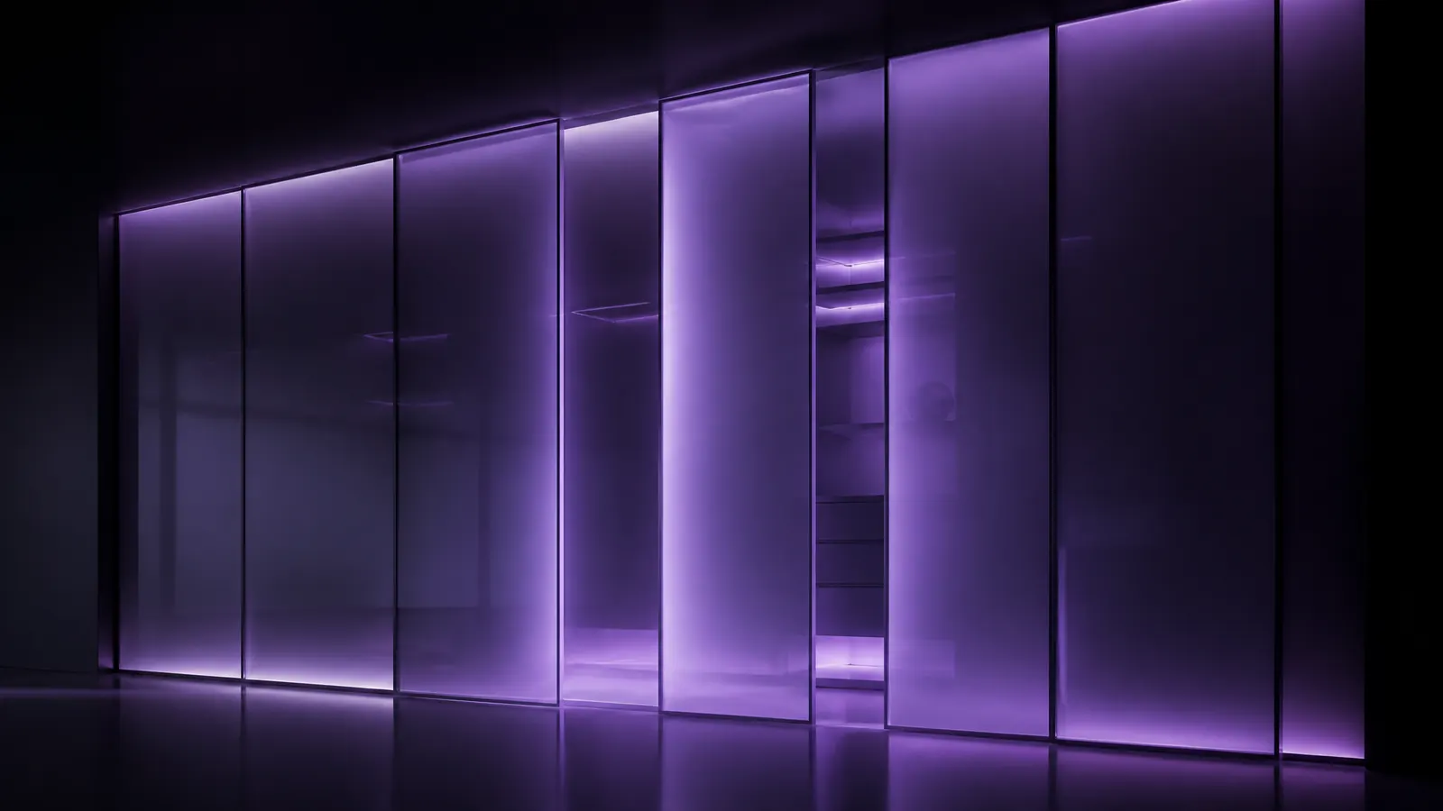 Tall vertical translucent sliding-door panels rendered in dark violet frosted glass on a near-black background, with soft glowing violet light spilling between them, suggesting a lighter, brighter, more spacious room