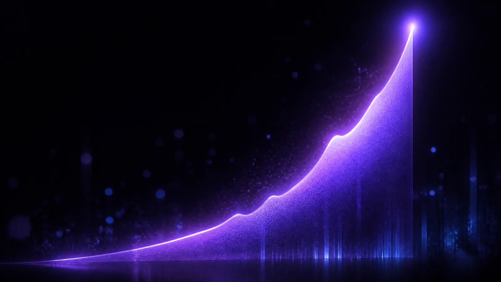 A steeply rising glowing violet frosted-glass area chart soaring from the bottom-left to the top-right of a dark frame, with soft particles trailing behind the curve, representing explosive search growth