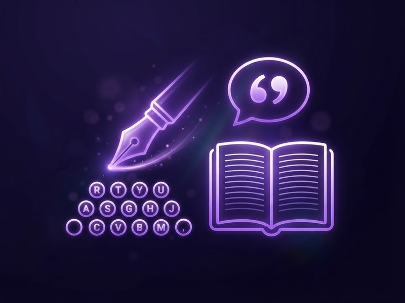 Glowing fountain pen, open book and keyboard keys representing content writing