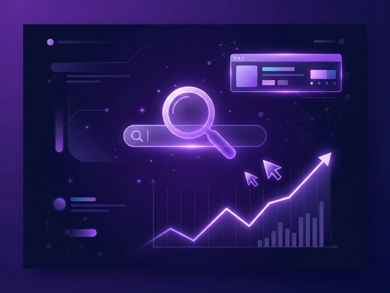 Search bar with magnifying glass above a rising performance graph