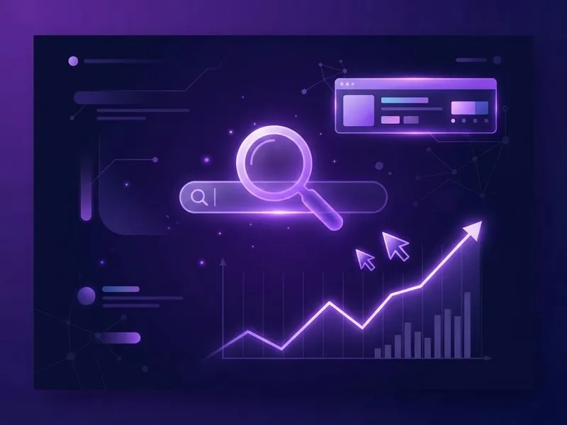 Neon magnifying glass over a search bar above a rising performance graph