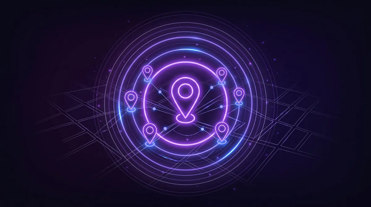 Purple neon map pin inside concentric radar rings above a faint street grid, with smaller pins orbiting it