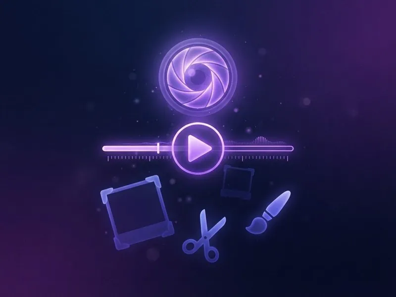 Camera aperture, play button and video editing tools glowing in purple