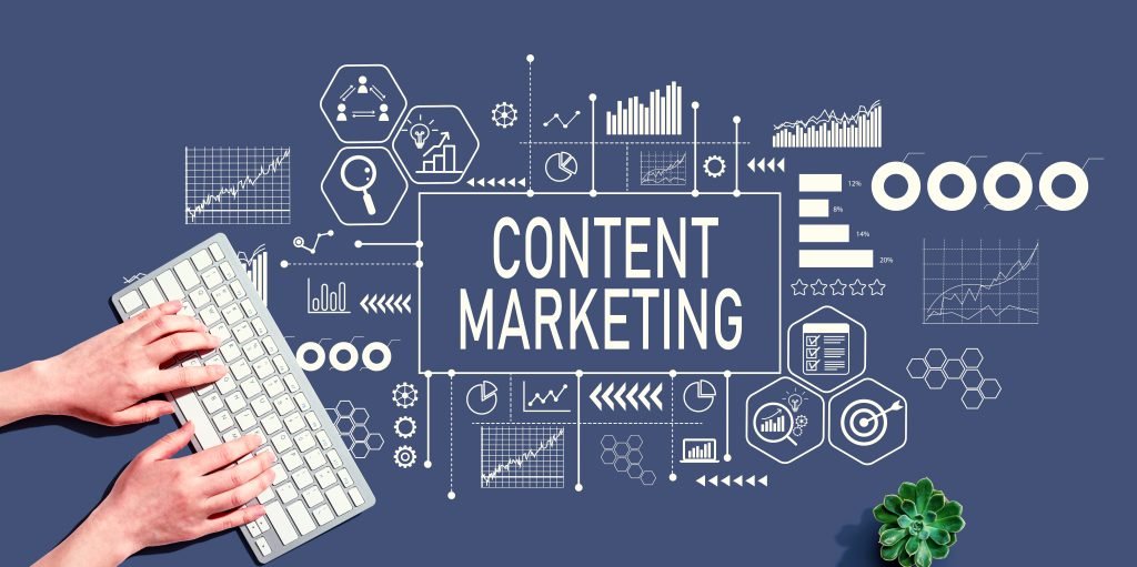 Content marketing theme with person using pc keyboard