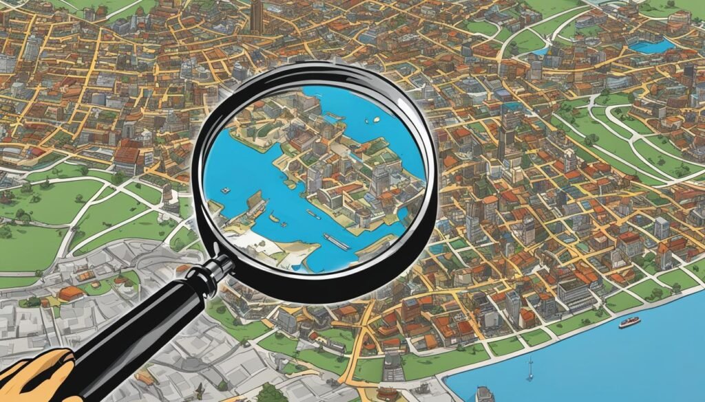 SEO A person is holding a magnifying glass over a city while exploring success stories of businesses using local SEO.