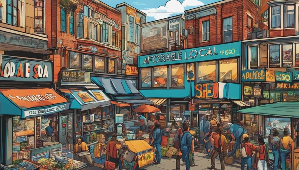SEO An illustration of a city street with people walking around.