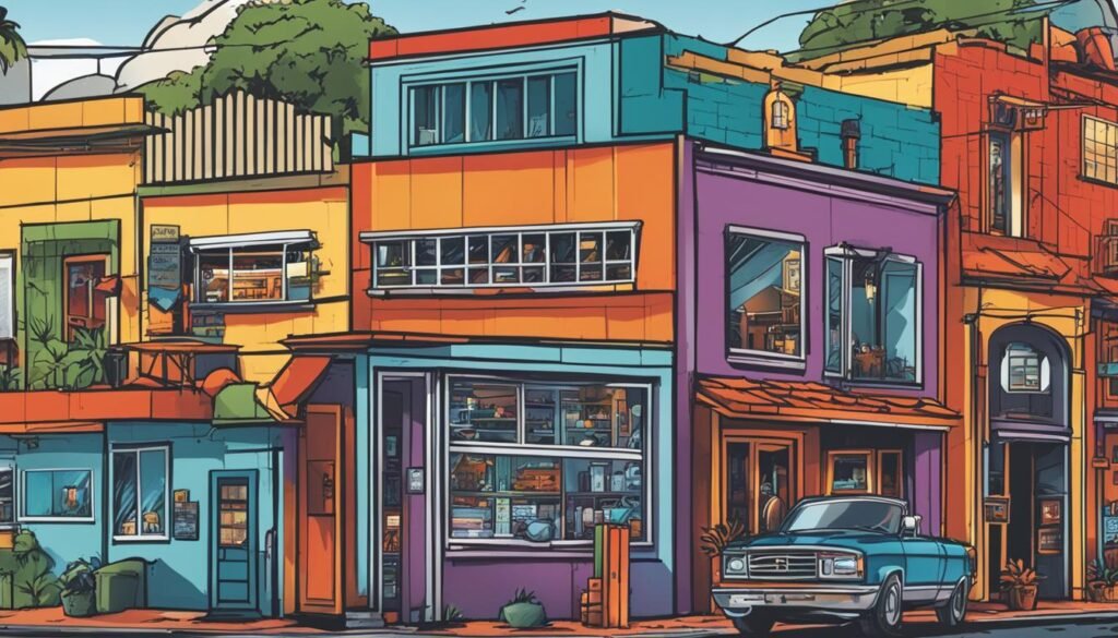 SEO A vibrant street scene illustration.