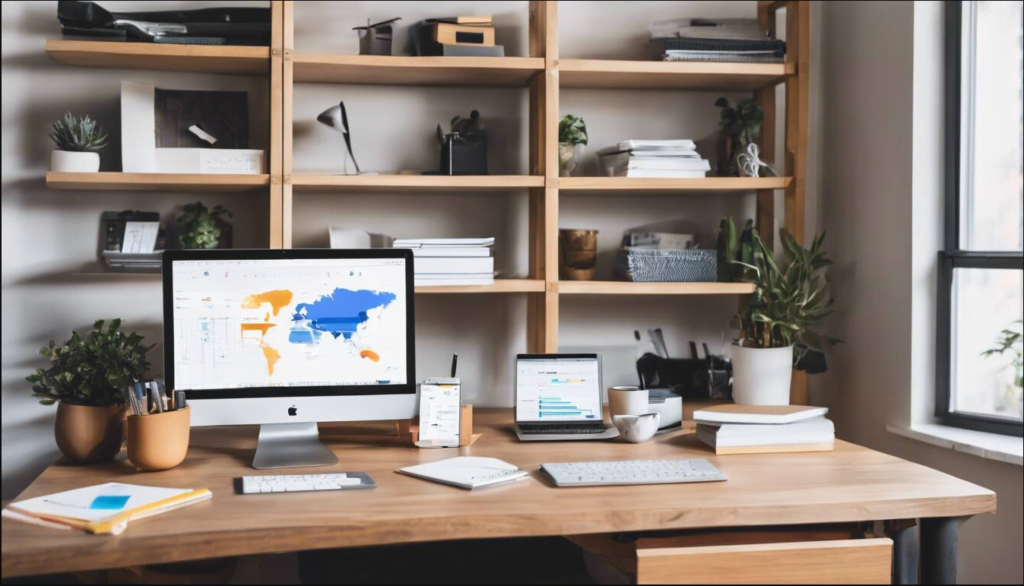 SEO A desk with a monitor, computer, and bookshelf.