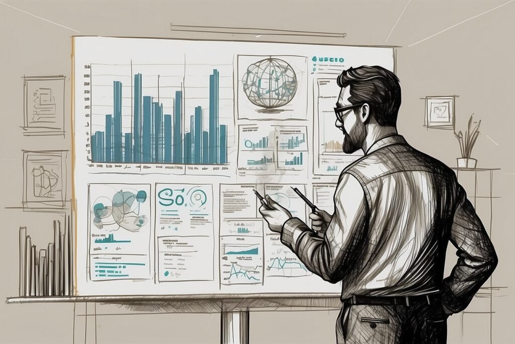 SEO Businessman analyzing data charts on a presentation board.