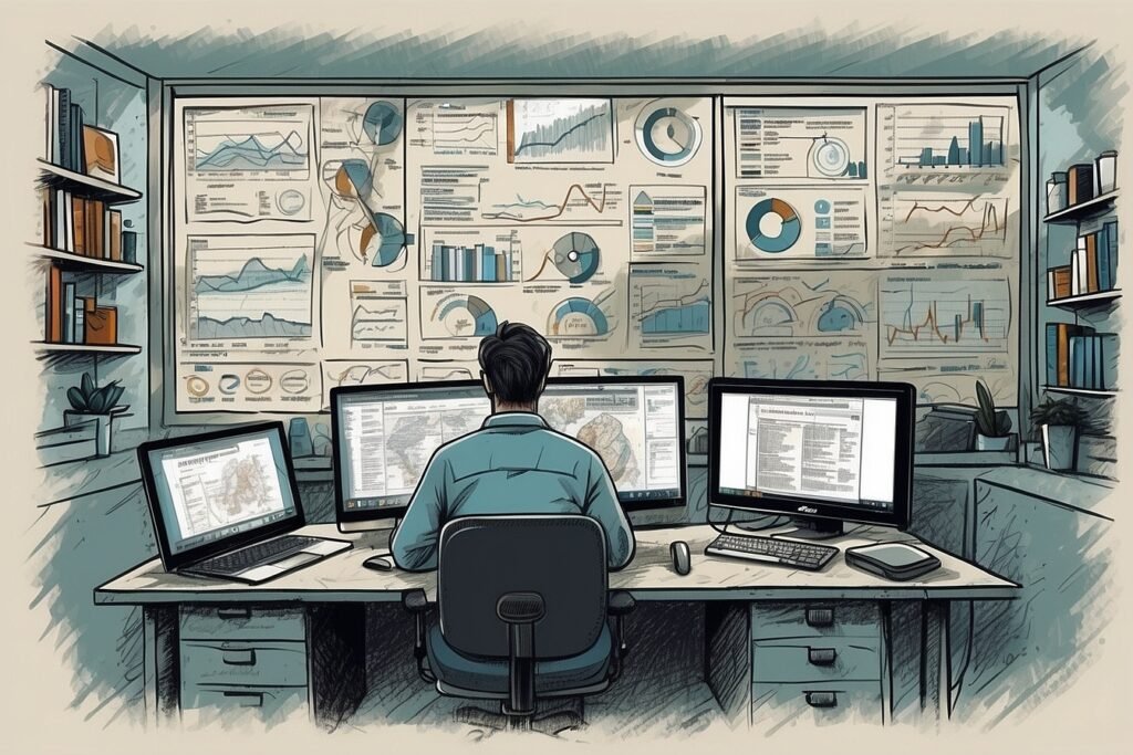 SEO Professional analyzing data on multiple computer screens in an office filled with charts and graphs.