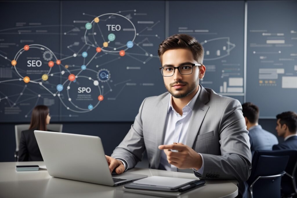 SEO Business professional pointing at the camera with a laptop and digital marketing diagram in the background.