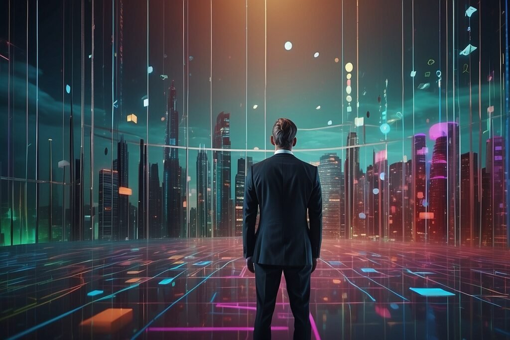 SEO Businessman observing a futuristic cityscape with digital elements.