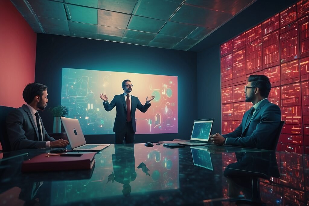 SEO Three business professionals in a high tech conference room during a presentation.
