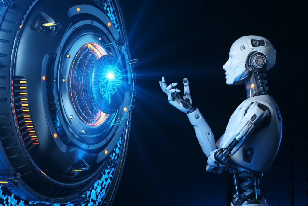 SEO A humanoid robot interacting with a futuristic interface.