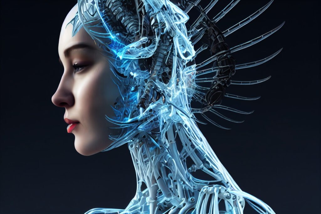 SEO Side profile of a female android with intricate cybernetic structures visible beneath her synthetic skin.
