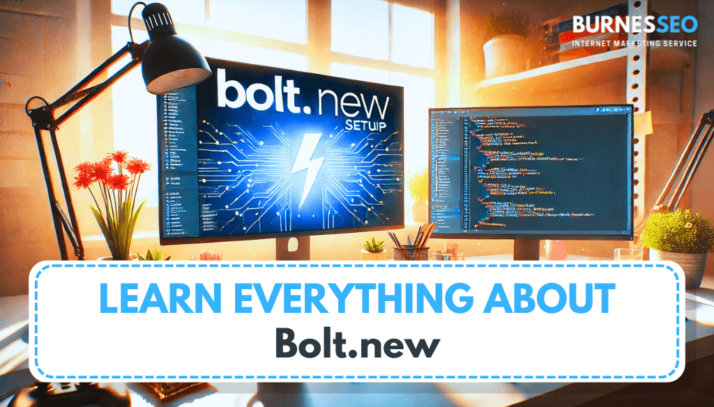 SEO A computer setup with two monitors showing programming code and the text "bolt.new setup" on one screen. A banner reads "Learn everything about Bolt.new" with plants and a lamp nearby.