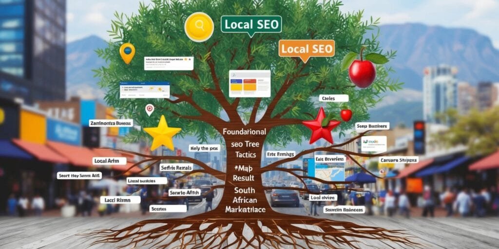 SEO A tree illustration representing local SEO, with branches labeled with business names and SEO tactics. A cityscape and shops are blurred in the background.