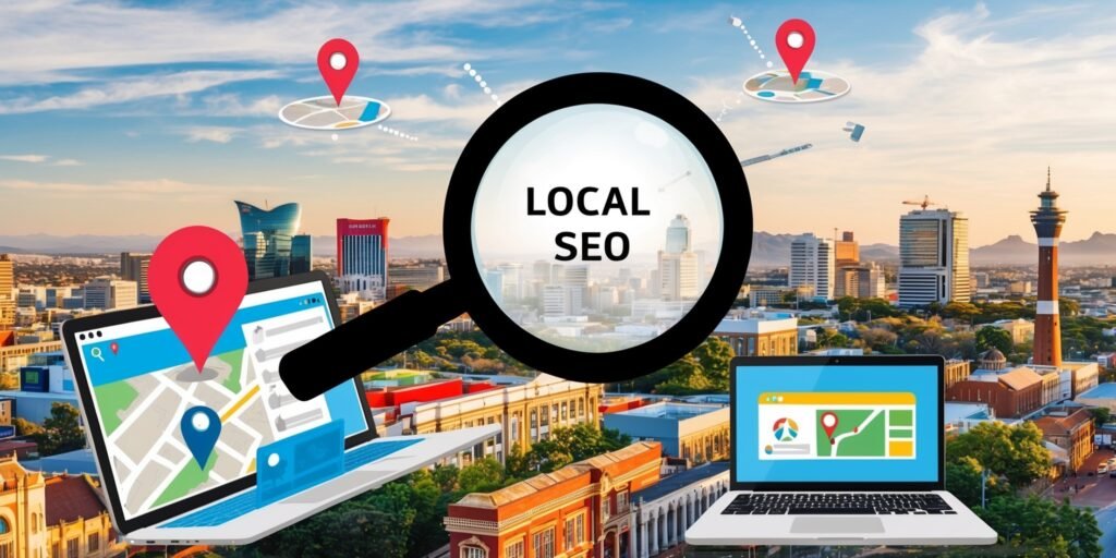 SEO Cityscape with laptops displaying maps and location pins, highlighting "Local SEO" through a magnifying glass.