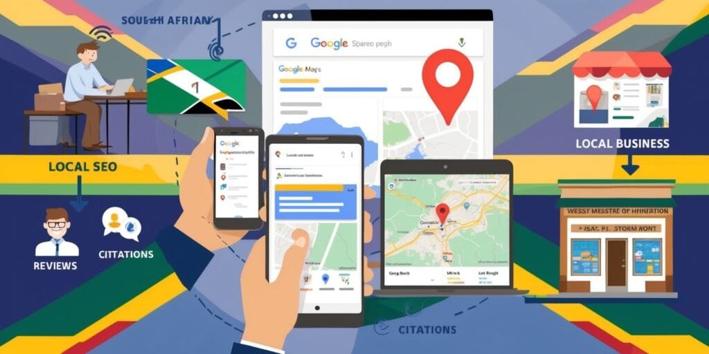 SEO Illustration of a digital marketing concept for local SEO with devices displaying maps, business citations, and reviews, set against a backdrop of South Africa.