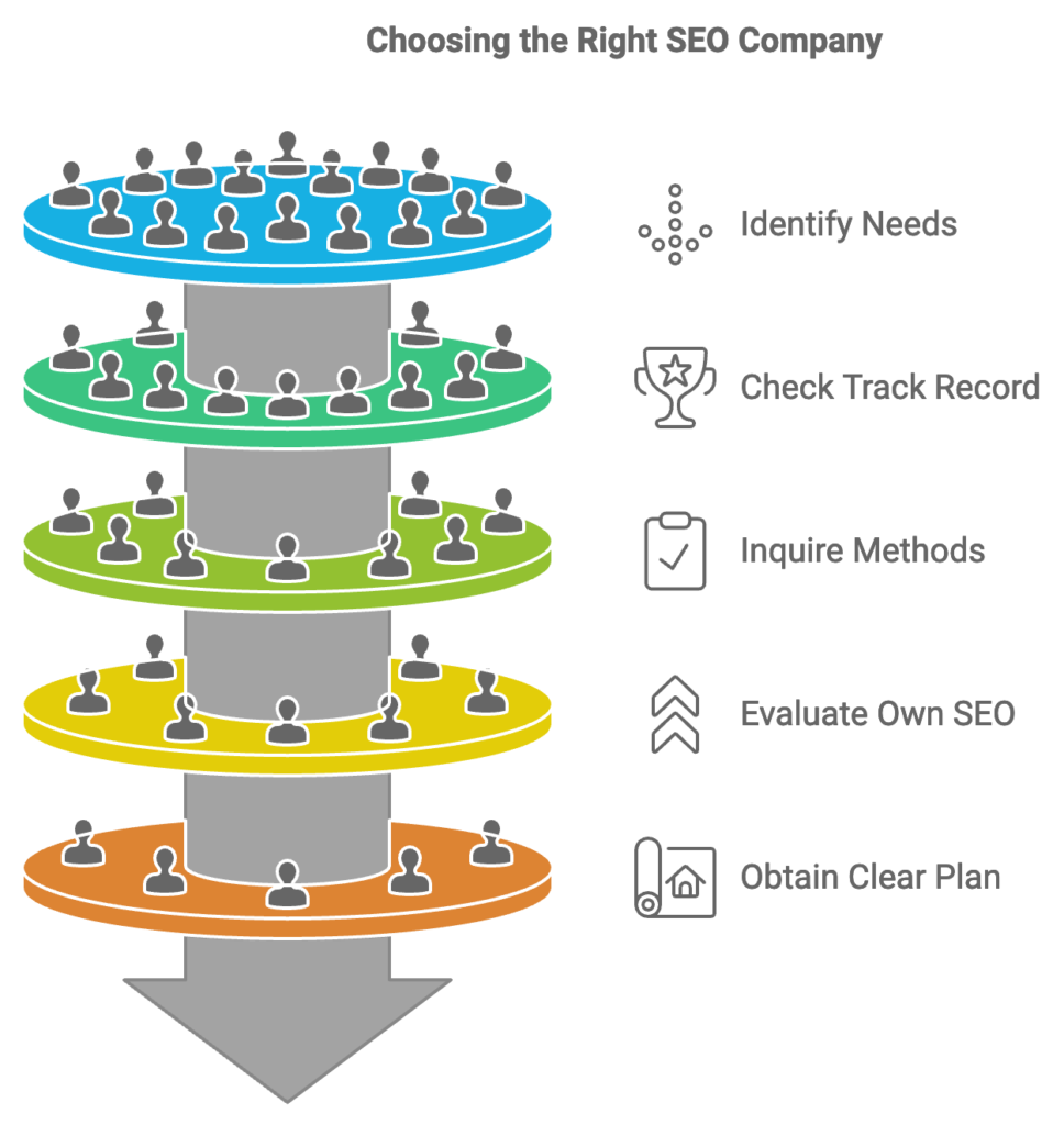 SEO Infographic showing steps to choose an SEO company: Identify needs, check track record, inquire methods, evaluate own SEO, obtain clear plan. Five tiers with icons.