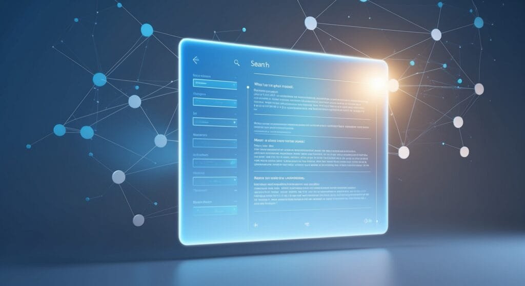 SEO A glowing digital search interface is displayed in a futuristic style, with interconnected nodes and lines in the background.