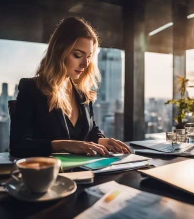 SEO A woman working at a desk with a laptop and a cup of coffee. SEO A woman working at a desk with a laptop and a cup of coffee.